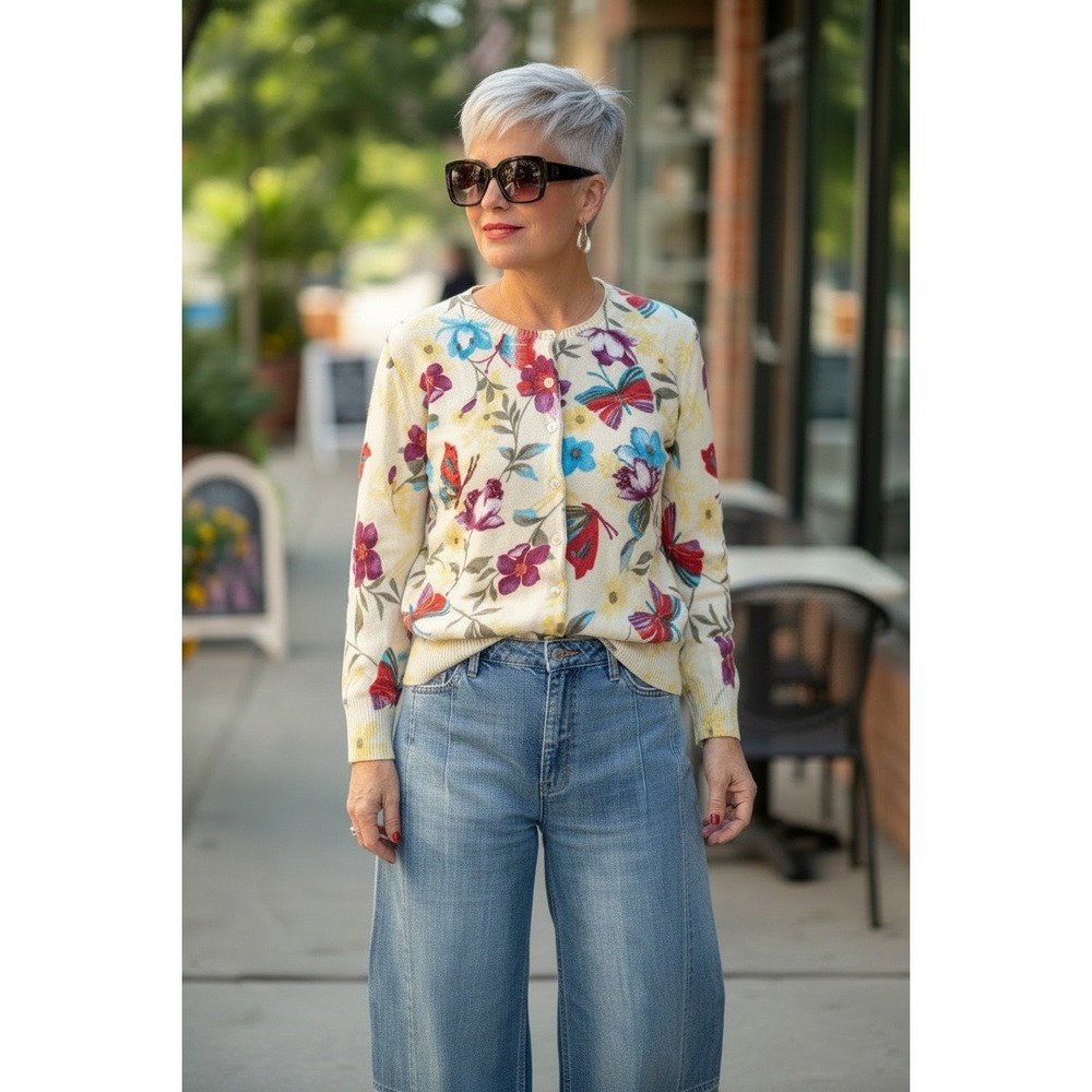 Butter Yellow Notations Flowers &‎ Butterflies Beaded Cardigan PM Twee Floral